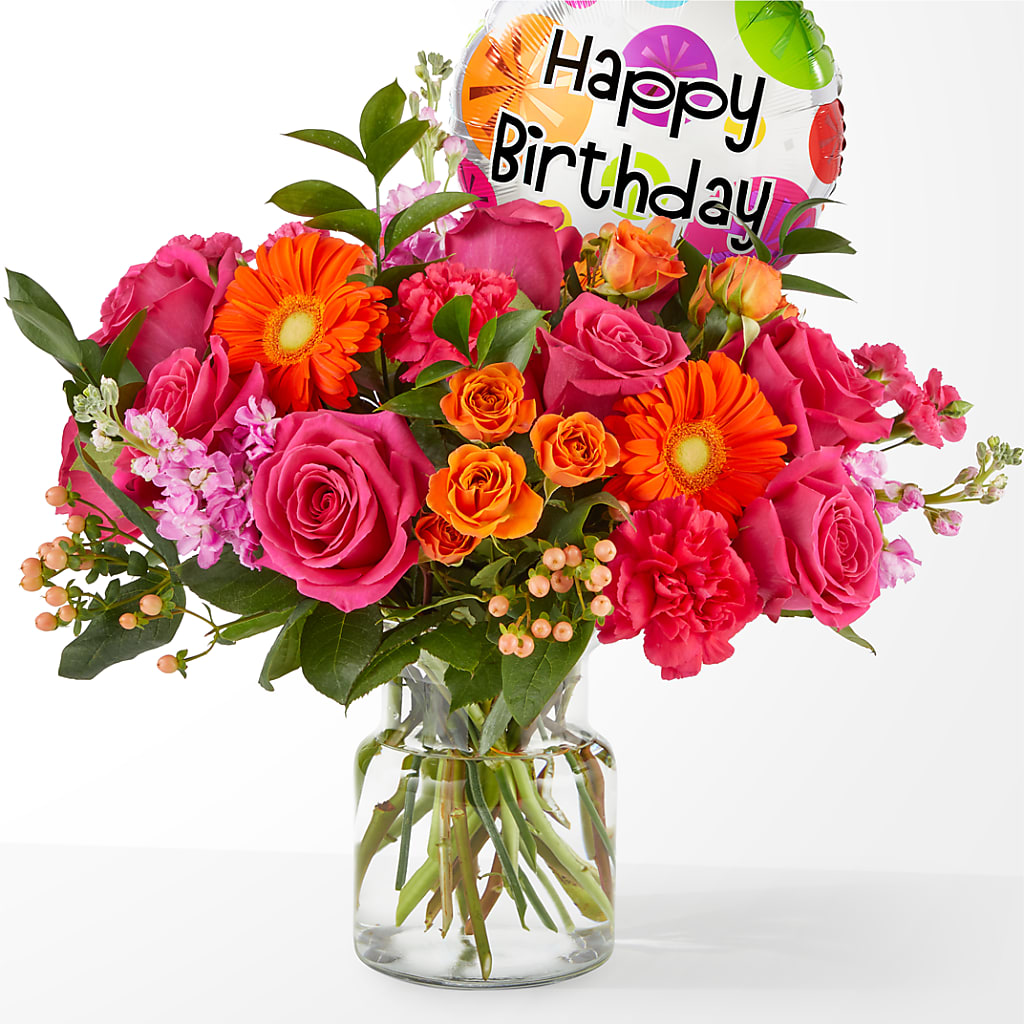 Fiesta Bouquet with Birthday Balloon – MILAM FLORAL & GREENHOUSE, Havre MT