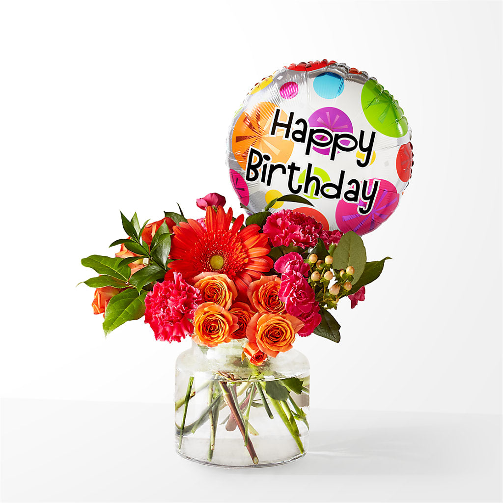 Fiesta Bouquet with Birthday Balloon – MILAM FLORAL & GREENHOUSE, Havre MT
