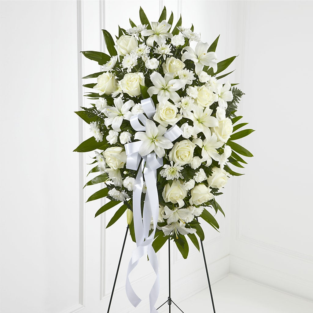 Exquisite Tribute Standing Spray-White Ribbon – MILAM FLORAL & GREENHOUSE, Havre MT